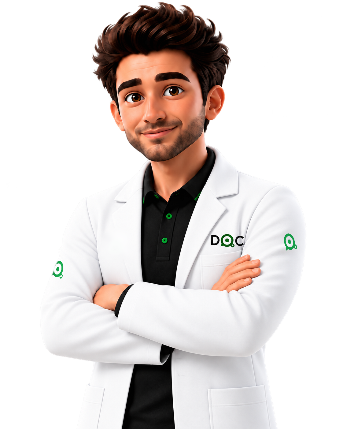 DOC in versione 3D, con camice bianco e simboli Doctor Hub sulle maniche